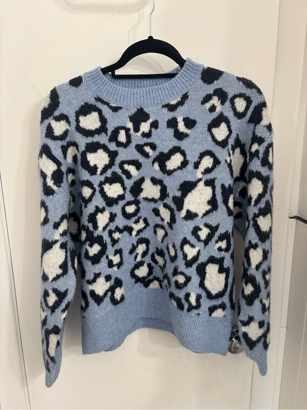 Mango Light Blue Leopard-Print Crewneck Sweater
